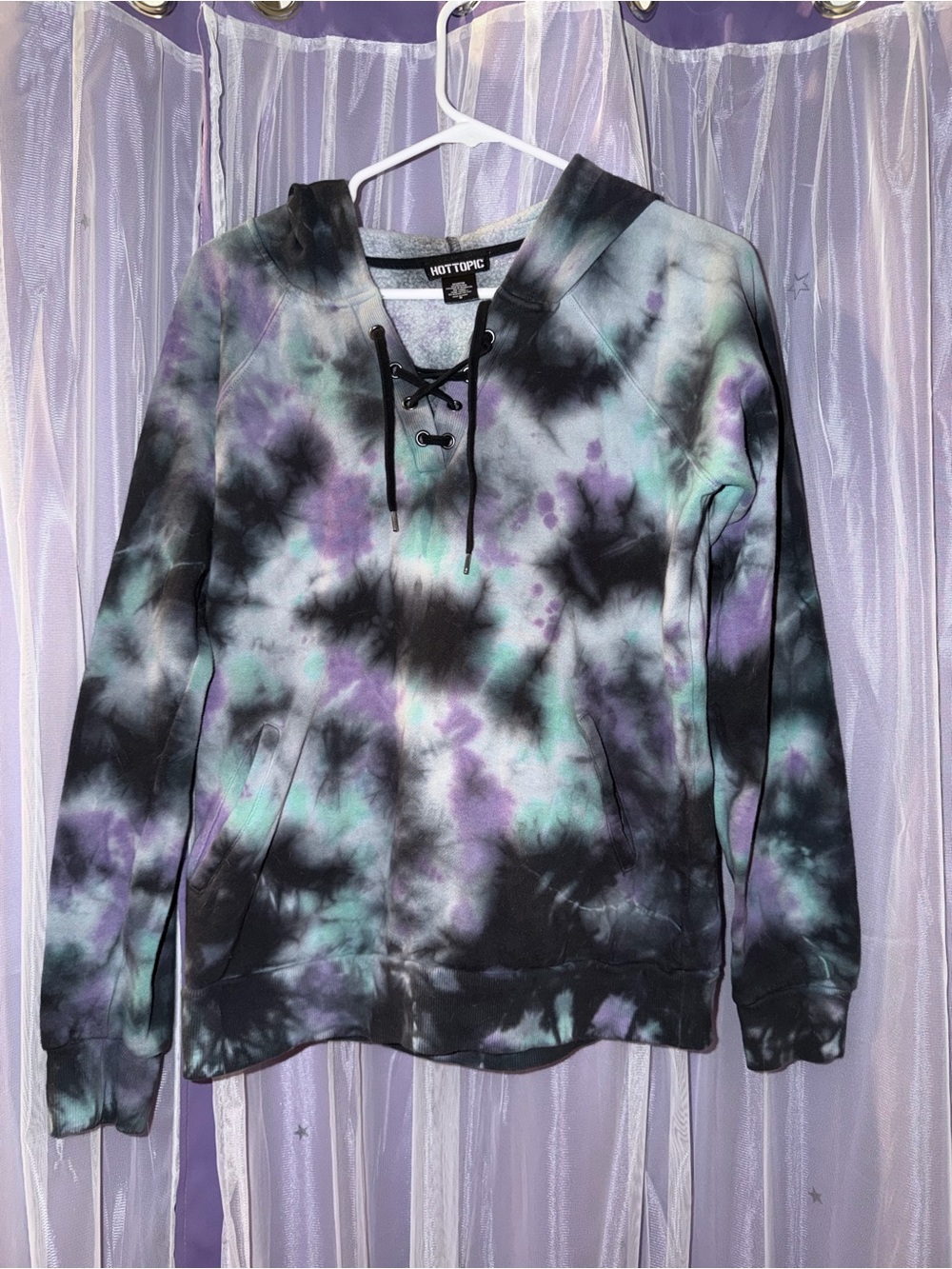 Hot Topic Tie-Dye Lace-Up Hoodie - Black, Purple, Teal
